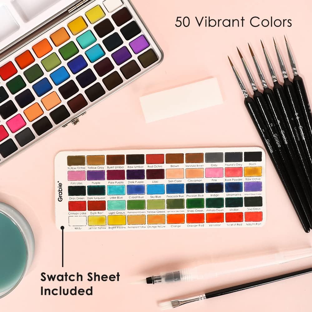 Grabie 50 Color Watercolor Paint Set with Detail Paint Brushes | High Pigment Paints. Blendable Colors. Portable Travel Case. Painting. Sketching. Illustration. Beginner And Hobby Artists - Image 3