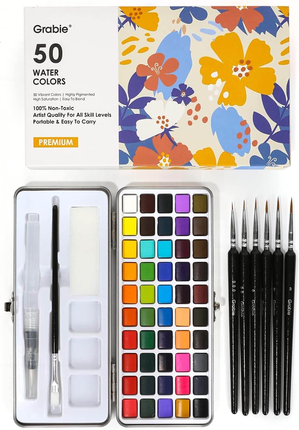 Grabie 50 Color Watercolor Paint Set with Detail Paint Brushes | High Pigment Paints. Blendable Colors. Portable Travel Case. Painting. Sketching. Illustration. Beginner And Hobby Artists